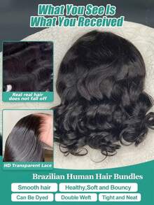 Tóc giả ngắn kiểu bob gợn sóng nhẹ, dài 16 inch, làm từ tóc thật, phần trước ren 13x4 và phần sau ren 4x4, độ dày 180%, kiểu tóc bob tự nhiên. - Natural Black - Xem 4