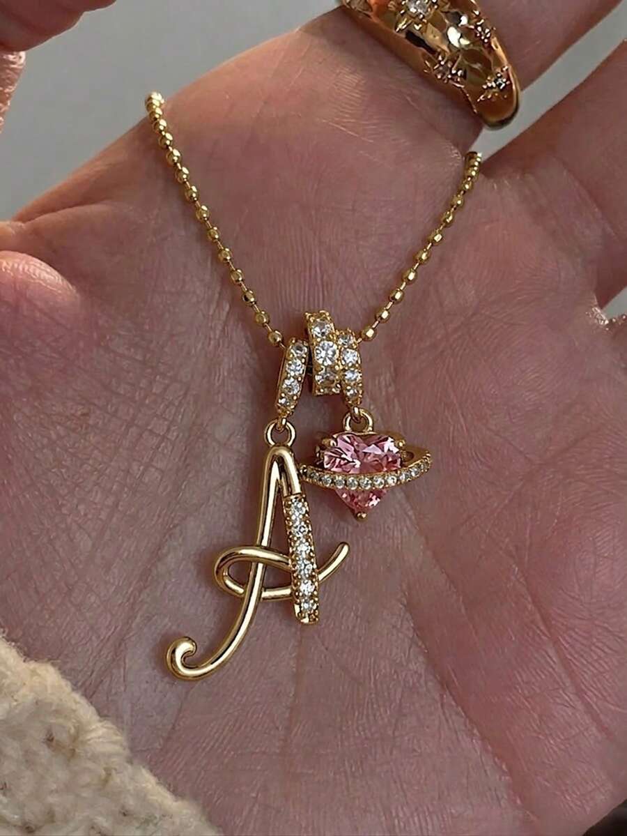 1件精致Y2K风格个性化手写字母A-Z及粉色爱心立方氧化锆装饰金色不锈钢珠链项链,女士/女孩夏季海滩度假日常佩戴,生日周年纪念日母亲节友谊礼物 - 金色 - 查看 1