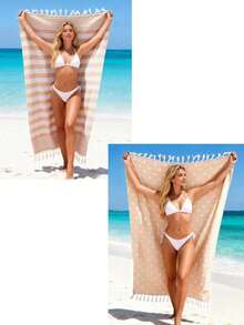 1件/2件套土耳其沙滩巾 - 39英寸 x 71英寸/99 x 180厘米 超大防沙速干轻便棉质沙滩巾，适用于海滩、浴室、游泳池、旅行、瑜伽、露营 - 藍色 - 查看 24