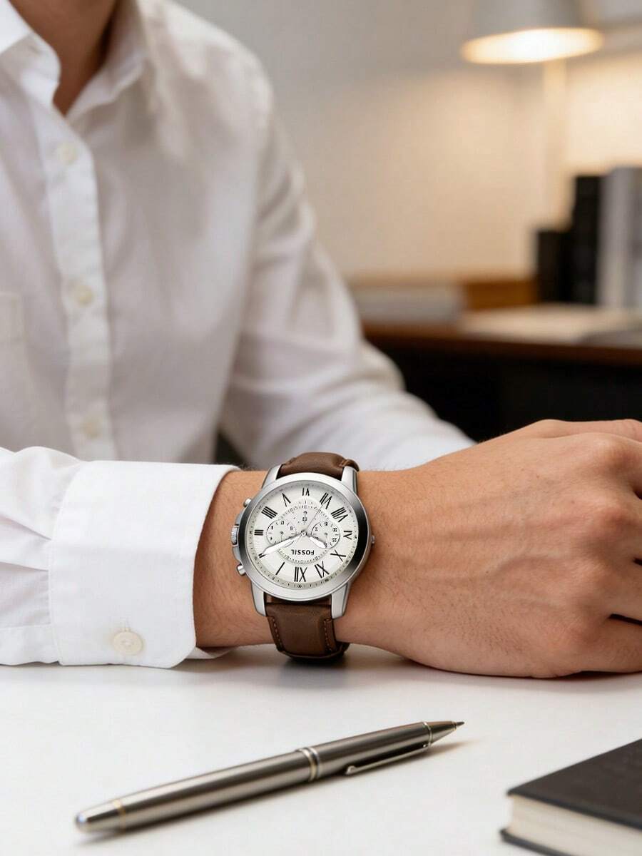 Fossil Reloj de hombre FS4735, correa de cuero marrón, reloj de pulsera de cuarzo con pantalla de fecha, reloj de negocios de alta gama para uso diario - Blanco - Ver 1