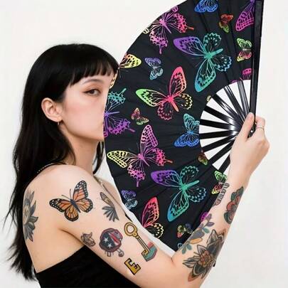 13-Inch Glow-In-The-Dark Butterfly Folding Cane - Rainbow Neon Walking Stick, Suitable For Festivals, Pride Parades, Rave Parties, Cosplay, Fantasy Themed Parties, Costume Shows, Club Nights, Dance Events, Fashion Accessories, Themed Performances, Magic Gifts And Colorful Aesthetic Decor