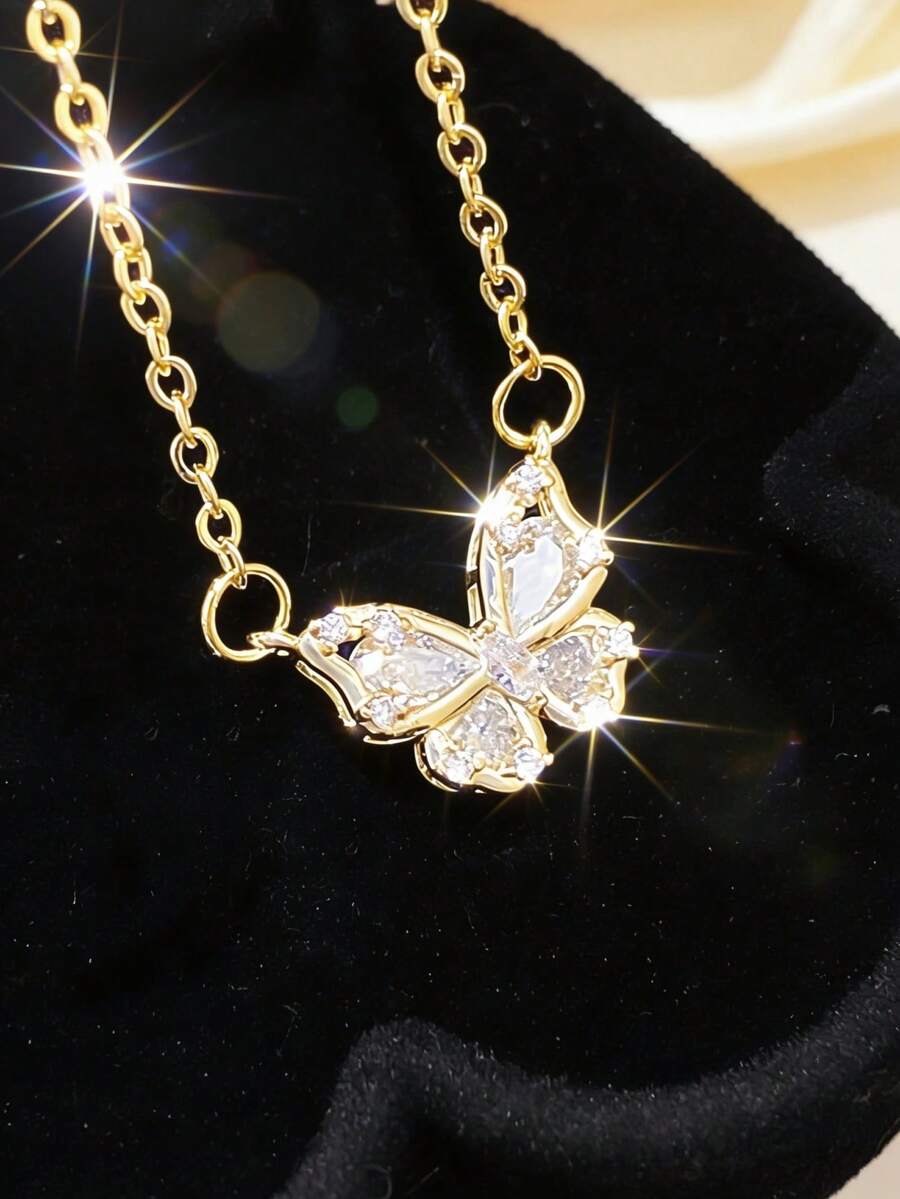 Dây chuyền hình bướm bằng thép titan đính đá zirconia đồng, dây chuyền xương đòn thiết kế độc đáo sang trọng dành cho nữ, dây chuyền đeo cổ đa năng phù hợp cho người đi làm. - Vàng - Xem 1