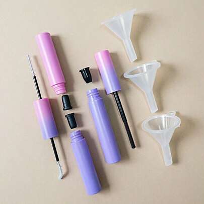 Bộ 1/3 chai mascara 3.5ml, cọ chuốt mi hai đầu 5ml, chai tẩy trang, các chai rỗng, bộ DIY màu tím & hồng ombre kèm phễu nhỏ.