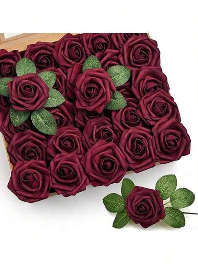 Bộ 30 bông (25 bông hoa hồng, 5 lá) Hoa hồng trắng nhân tạo bằng xốp có cuống, dùng để tự làm bó hoa cưới, trang trí tiệc cưới, trang trí bàn tiệc, quà tặng Ngày Valentine, Ngày của Mẹ, trang trí lễ đính hôn (Không bao gồm hộp)