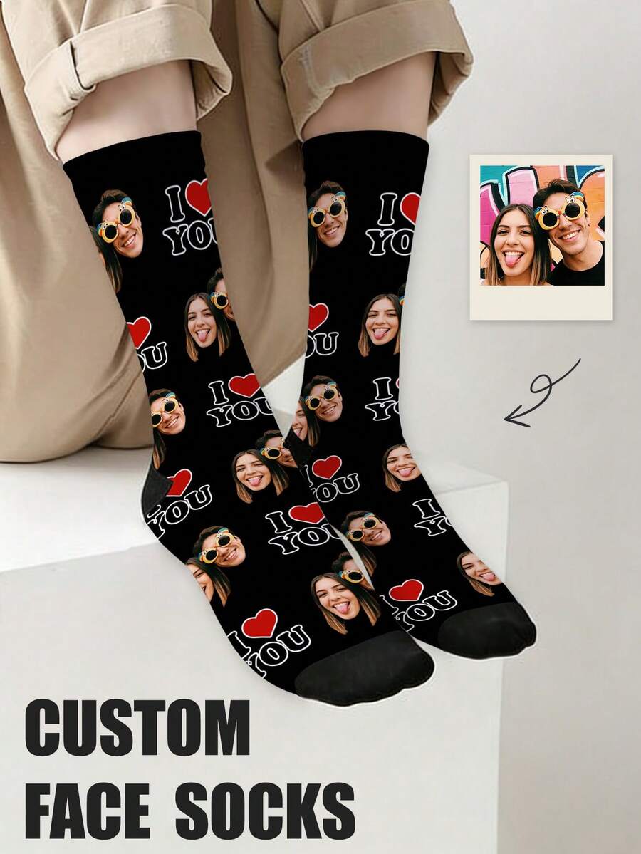 1 Pair Customized Mid-Calf Socks, Bow Tie Pattern, Customized Face Pattern Socks, Couple Socks, Customized Photo Socks, Customized Printed Socks, Personalized Funny Face Pattern Socks, Customized Image Socks, Can Print Any Face Shape On Socks, Anniversary Gift, Valentine's Day Gift, Birthday Gift, Wedding Gift, Mother's Day Gift, Father's Day Gift, Gift For Best Friend, Gift For Parents, Gift For Girlfriend/Boyfriend - Black - View 1