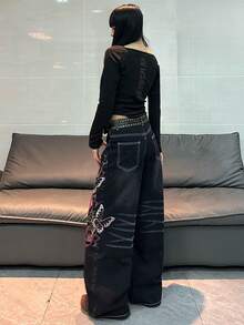1pc Women's Fashionable Distressed Embroidered Loose Fit High Street Wide Leg Jeans, Comfortable Casual Denim Pants, Versatile For All Seasons (Belt/Accessories Not Included) Black Spring - Black - View 9
