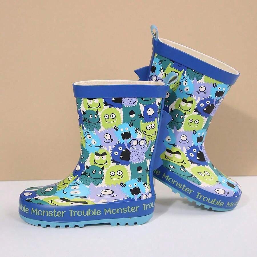 Waterproof Cartoon Rain Boots For Toddler Boys And Girls Lightweight Non-Slip Kids Puddle Boots With Easy Pull Handles For Outdoor Play And Walking - 藍色 - 查看 1