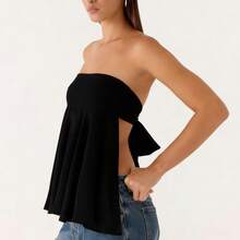 Women's Strapless Backless Tie Back Peplum Top - Off Shoulder Flowy Ruffle Hem Blouse - Black - View 3