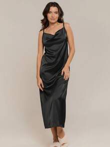 Vestido Longo Camisola Noturna de Cetim com Decote Contraste Para Mulheres - Preto - Visão 1