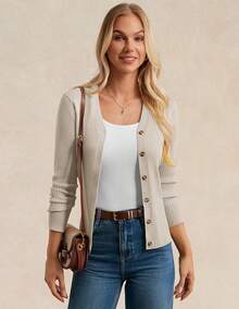 Women's Long Sleeve Button Up Cardigan Sweaters Ribbed Knit Open Front Casual - Oatmeal - View 4