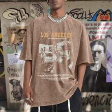 Oversized Graphic Tshirts For Men Acid Wash Los Angeles Vintage Tees Streetwear Baggy Cotton Shirts Casual Topssummer Outfits For Women - 咖啡 - 查看 2