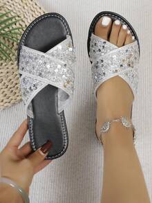 Dép lê quai chéo đính sequin nhiều màu sắc lấp lánh, kiểu dáng thời trang, đa năng cho mùa hè. - Bạc - Xem 2