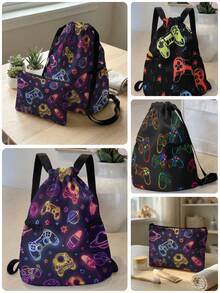 Bộ 1/2 chiếc, Ba lô thể thao dây rút in hình máy chơi game, Túi tập gym dây rút, Túi đựng đồ dung tích lớn, nhẹ, Thích hợp cho tập thể dục, du lịch, bơi lội, bãi biển, tập gym, phụ kiện thể dục di động - Nhiều màu - Xem 1