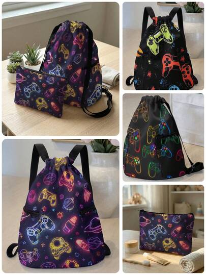 1pc/2pcs Set, Game Console Graphic Print Drawstring Sports Backpack, Drawstring Gym Bag, Large Capacity Lightweight Storage Bag, Suitable For Fitness, Travel, Swimming, Beach, Gym Training, Portable Fitness Accessories