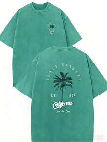100% Cotton Double-Sided Santa Barbara Palm Tree Print Tee Unisex, Washed Short Sleeve Top, Y2K Streetwear Gift For Boyfriend Husband Daily Outfit - 薄荷綠 - 查看 9