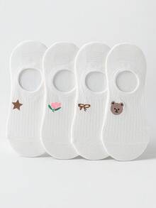 1/5双随机女士白色卡通动物、蝴蝶结、花朵图案硅胶防滑透气吸汗休闲浅口隐形船袜 - 彩色 - 查看 11