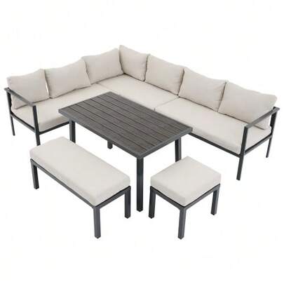 Garden Dining Set, Outdoor Furniture, 9 People, Corner Configuration, Galvanized Steel Tube Frame, Wood-Effect Tabletop, Including Table, Benches, Chairs And Sofas, Beige