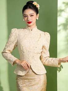 1 pièce Top à manches longues et col V imprimé jacquard moderne pour femmes, élégant et gracieux, convient pour le printemps/été, couleur champagne - Champagne - Voir 1
