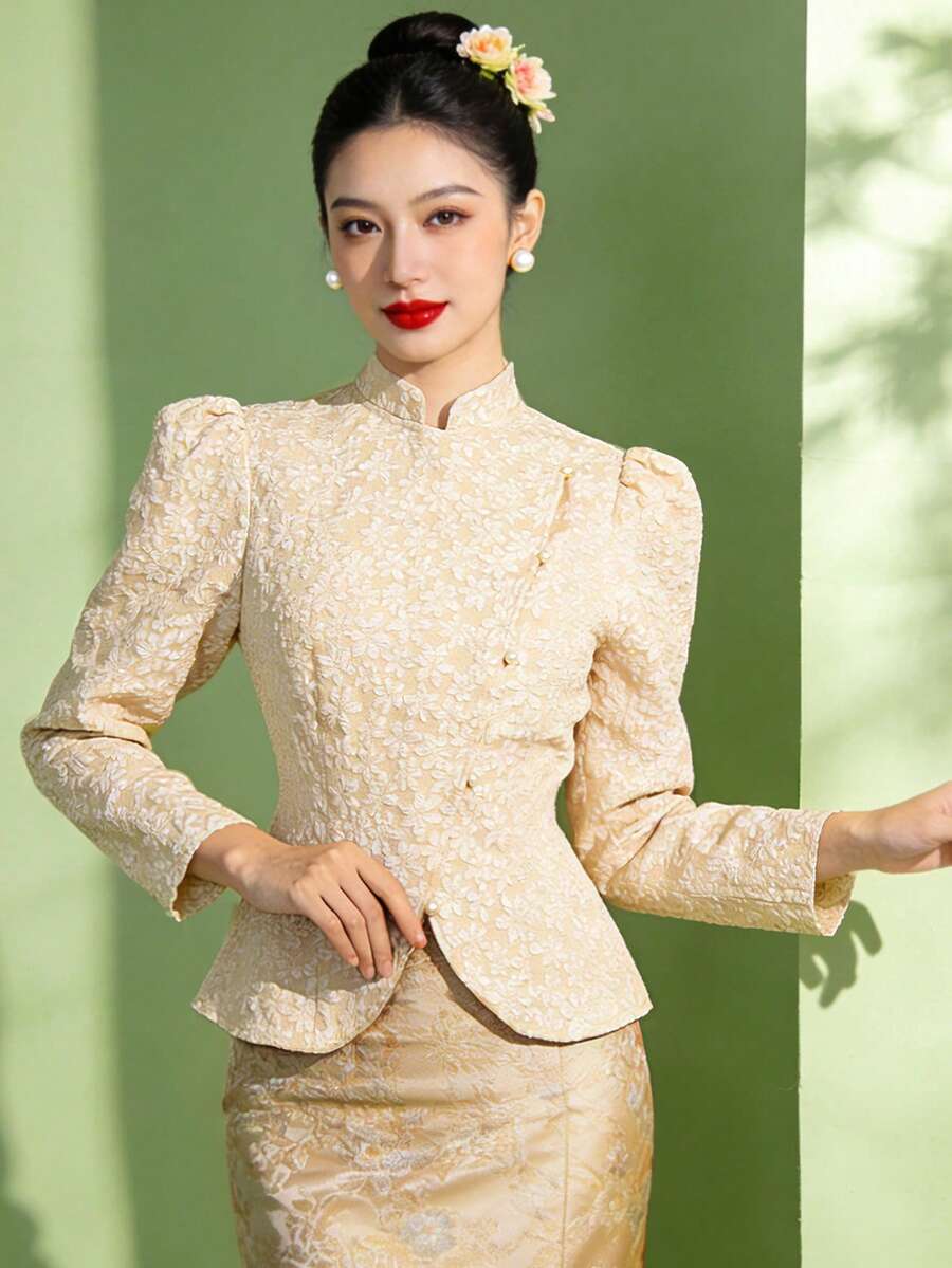 1 pièce Top à manches longues et col V imprimé jacquard moderne pour femmes, élégant et gracieux, convient pour le printemps/été, couleur champagne - Champagne - Voir 1