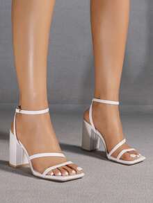 女士白色方头凉鞋，性感细跟，派对时尚简约舒适高跟鞋，拉长腿部线条 - 白色 - 查看 2