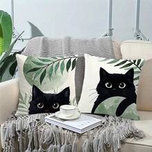 2pcs/Set Of Adorable Black Cat Print Pillow Covers, 45x45cm, Comfortable Polyester Decorative Pillowcases With Bohemian Sage Green Botanical Pattern, Zipper Closure, Single-Sided Printed Cushion Cover, Ideal For Living Room, Patio, Sofa, Home Decor, No Pillow Core - Set C - View 5