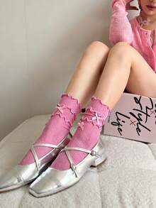 1 Pair Of Sweet Girl Style Double-Layer Wood Eared Mid-Calf Stockings. Spring/Summer Multi-Color Multi-Damian Butterfly Knot Mesh Padded Stockings. Lolita Girl Cute Accessories - 粉色 - 查看 2