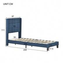 Upholstered Bed With Its Upholstered Headboard, Single Bed With Slatted Base, 90x200cm, In Linen, Medium Firm (With Spring Mattress) - Blue - View 13