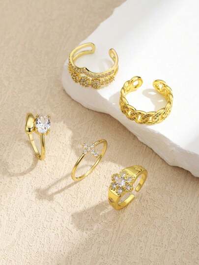5件套金色铜合金奢华花卉设计立方氧化锆戒指，时尚开口戒指，适合女性日常、婚礼、节日佩戴
