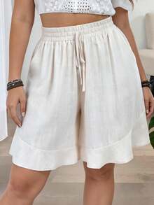 Quần short nữ cỡ lớn kiểu dáng thường ngày, thân thiện với da, thoải mái, màu trơn, có bèo nhún ở gấu quần, dây rút, dáng rộng, thích hợp cho đi làm hàng ngày/dạo chơi mùa hè. - Màu be - Xem 8