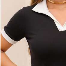 Women's Short Sleeve Blouse In Viscolycra V-Neck Polo - Hitam - View 6