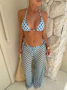 2026 Women's 3-Piece Polka Dot Printed Bikini Set, Halter Neck Design, Side Tie, Mesh Cover-Up Pants, Cute Casual Backless Swimsuit For Valentine's Day, Spring/Summer Beach Vacation - 棕色 - 查看 8