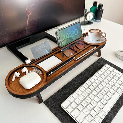 1 pieza Organizador de escritorio compacto de madera con múltiples compartimentos - Almacenamiento de escritorio para bolígrafos, gafas elegantes, bandeja para teléfono y teclado - Organizador de escritorio de madera resistente, regalo perfecto para el Día del Padre, Navidad, cumpleaños, útiles de oficina y accesorios de escritorio, diseño minimalista, acabado natural, regalo de Navidad