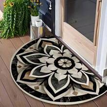 1pc Black & White Floral Half-Circle Doormat, Doormat, Small Rug, Welcome Mat, Carpet, Floor Mat, Outdoor Doormat, Kitchen Rug, Home Decor, Front Door Mat, Area Small Rug, Outdoor Mat, Home Decor, Area Rug, Garden Rug, Washable Carpet - Multicolor - View 2