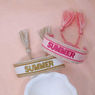 مجموعة من 2 سوار صداقة مصنوع يدويًا بتصميم مضفر وشرائط متدلية بطراز عتيق قابل للتعديل، مناسب لحفلات الشاطئ والعطلات والطراز البوهيمي