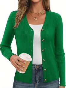 Women's Long Sleeve Button Up Cardigan Sweaters Ribbed Knit Open Front Casual - 綠色 - 查看 8