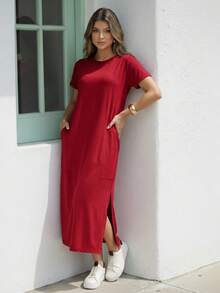 Comfortable Women's Midi Dress With Practical Pocket And Side Slit - Casual And Elegant - 深紅色 - 查看 1