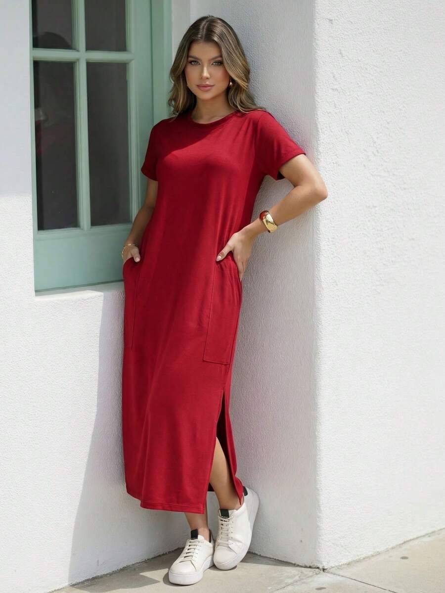 Comfortable Women's Midi Dress With Practical Pocket And Side Slit - Casual And Elegant - 深紅色 - 查看 1