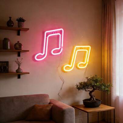 1pc LED Music Note Neon Light Wall Decor, Small Night Light For Girl's Bedroom, Gaming Room, Atmosphere Lamp, Battery Or USB Powered, Romantic Fairy Light, Home Decor, Holiday, Birthday Theme Indoor Colorful Lamp