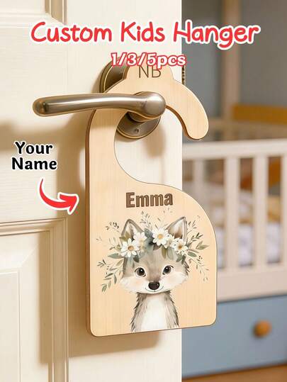 1/3/5pcs Custom Kids Wooden Clothes Hanger, Personalized Name Cute Animal Kids Hanger, High-Quality Smooth Wood Clothing Hanger, Floral Wolf Design With Initial, Perfect For Easter, Mother's Day, Father's Day, Baby Shower, Birthday, Ideal For Kids Wardrobe, Nursery Closet, Baby Clothes Organizer & Children's Keepsakes