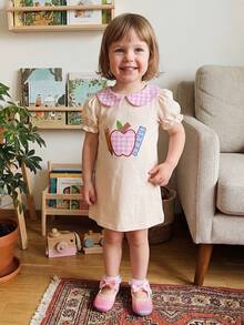 Little Girls Back To School Dress Summer Short Sleeve Plaid Doll Collar Apple Ruler Embroidered Dress - Khaki - View 6
