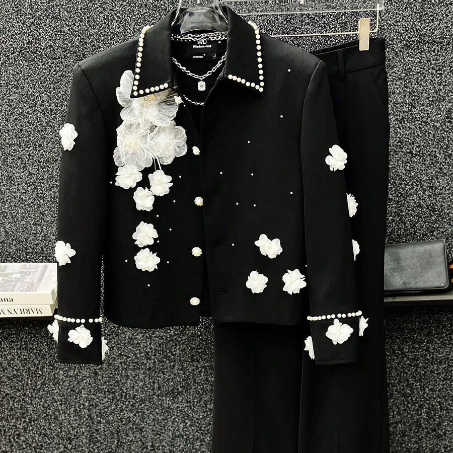 Suits For Men New Three-Dimensional Pearl Bead Jacket Fashion Short Blazer Versatile Oversize Personalized Flower Jacket Men - Black - View 1