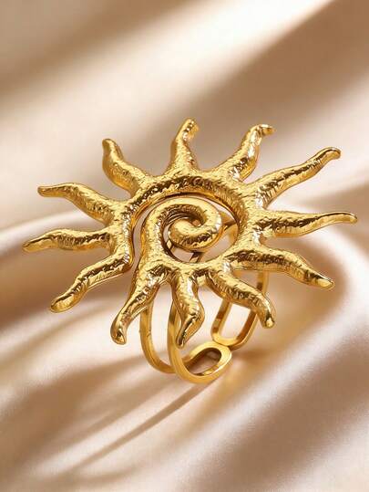 Vintage Personalized Hollow Spiral Sun Unique Ring, Stainless Steel Open Ring Jewelry For Women, Suitable For Daily, Party, Date, Holiday, Music Festival, Summer Beach, Gift For Friends, Family, Couples, Original Jewelry Design