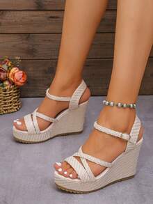 Nuevas sandalias de plataforma y cuña para el verano, zapatos de suela gruesa multifuncionales de efecto estilizante - Beis - Ver 4