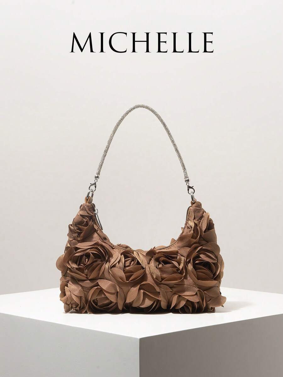 Floral Print Shoulder Bag, Elegant Ladies Handbag, Suitable For Evening, Party, Graduation, Wedding, Women's Gift (Pattern Random) - Brown - View 1