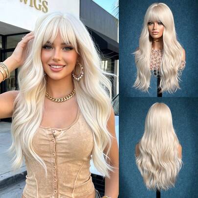 24 Inch Light Blonde Long Curly Wig With Bangs, Made Of Heat-Resistant Synthetic Fiber. It Is Practical And Affordable, Designed Exclusively For Women. Easy To Wear And Maintain, It Is Very Suitable For Women's Daily Wear And Festive Occasions. It Is An Ideal Gift For Your Female Friends.