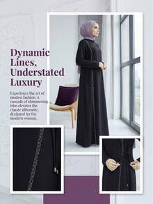 女士时尚水钻装饰宽松长袖立领连衣裙 - 黑色 - 查看 5