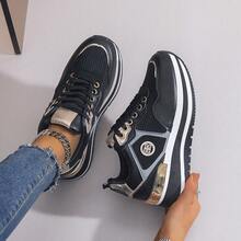 Metal Eyelet Lace-Up Casual Wedge Sneakers - Black - View 3