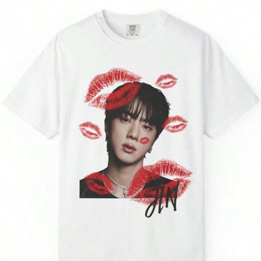 Jin BTS Kisses Graphic Tee, Kpop Fan Shirt - White - View 1