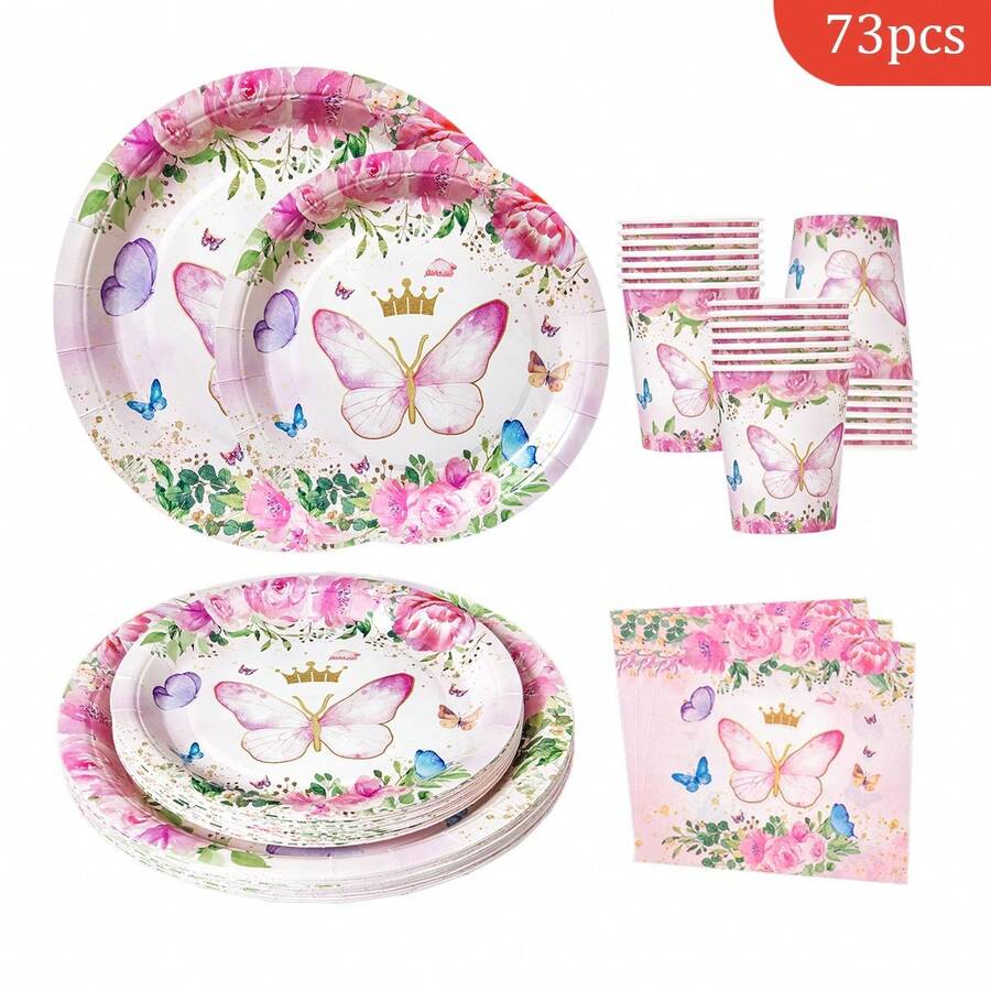 Bộ đồ dùng tiệc dùng một lần hình vương miện bướm hồng gồm đĩa, khăn ăn và cốc, dành cho 16 khách, phù hợp cho sinh nhật, đám cưới, tiệc theo chủ đề, dã ngoại gia đình. - Xem 1