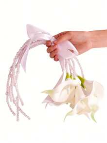 1pc Bridal Bridesmaid Wedding Bouquet - White Artificial Calla Lily/Lily/Orchid With Pearl Handle And Ribbon, 12.99 Inch Hand-Held Bride Bouquet For Wedding Proposal Party Church Decor - View 7